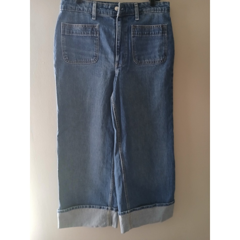 Free Assembly Womens High Rise Wide Leg Cuffed Patch Pocket Jeans Blue Size 12